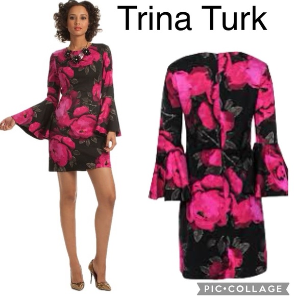 (T2) Trina Turk Pink Sheath Dress with Bell Sleeves, size 0 - Picture 1 of 16